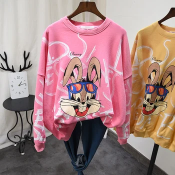 

Super Fire Hoodie Women's Pullover Shirt Korean Female Loose Plus-size Graffiti Full Printed Cartoon Shirt Tops Girls Sweatshirt