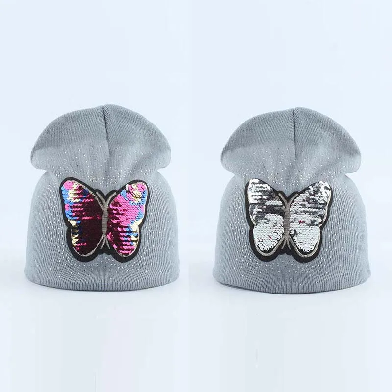 Girls Baby Beanie Winter Hat For Kids Cartoon Butterfly Sequin Winter Cap Children Warm Knitted Rhinestone Skullies Beanies