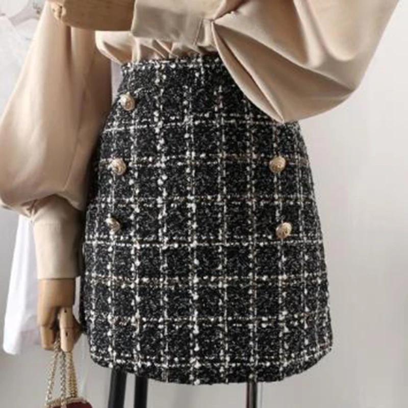 Зимние твидовые юбки, женские мини юбки-карандаш, клетчатые шерстяные юбки, Корейская высокая талия, элегантная твидовая Офисная Женская юбка, винтажная V735
