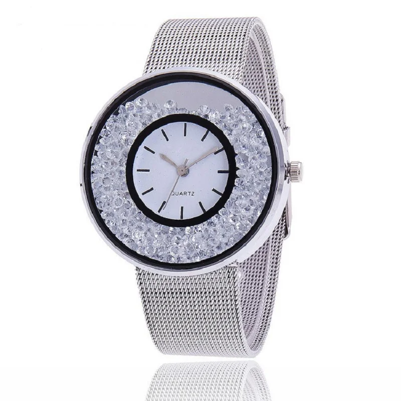silver Горячее предложение luco strass anel de aco inoxidavel senhoras moda relogio net com nenhum fivela de pino de discagem rodada digital - Цвет: silver