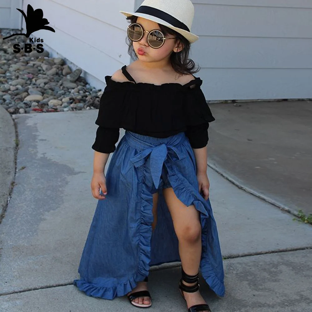 Новинка весны 2019 детская одежда топ на бретельках с кружевной джинсовой юбкой и