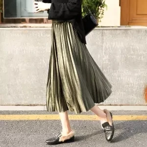 Высококачественная длинная юбка из золотого бархата с высокой талией, модная плиссированная юбка средней длины с металлическими вставками, повседневная юбка для танцев большого размера - Цвет: Olive green