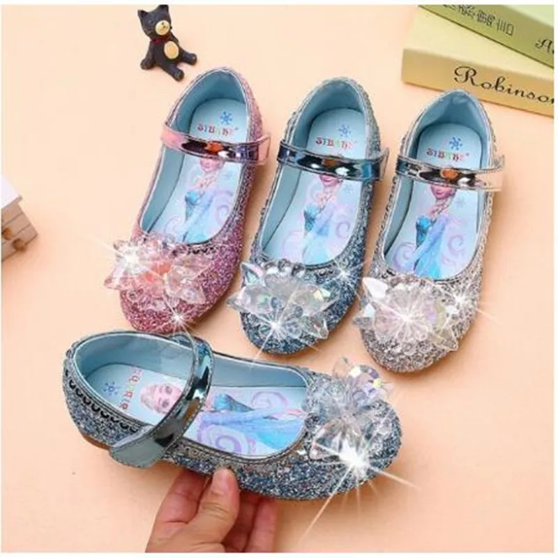 Disney Frozen-zapatos planos de princesa para niñas, zapatos de baile de cuero Pu A la moda, sandalias con lazo de lentejuelas, zapatos de Elsa