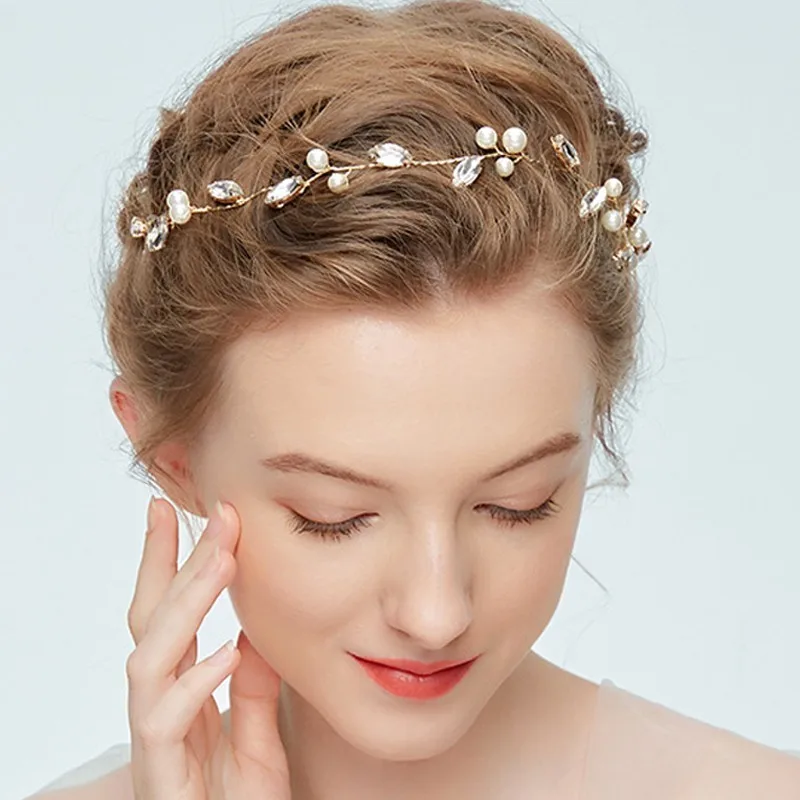 Gold Handmade Pearl Hair Vine Crystal Head Piece Bridal Wedding Headpiece Women Headwear For Party Bride Jewelry Accessories | Украшения и