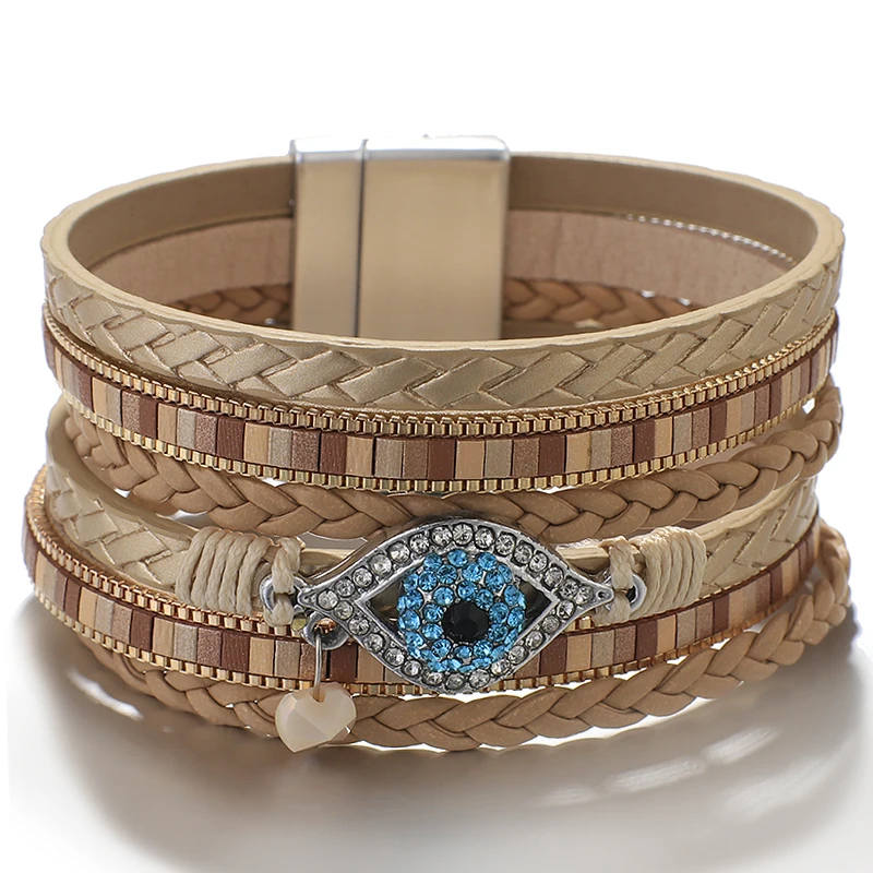 Amorcome синий Стразы Турецкий Дурной глаз кожаные браслеты из нержавеющей стали для