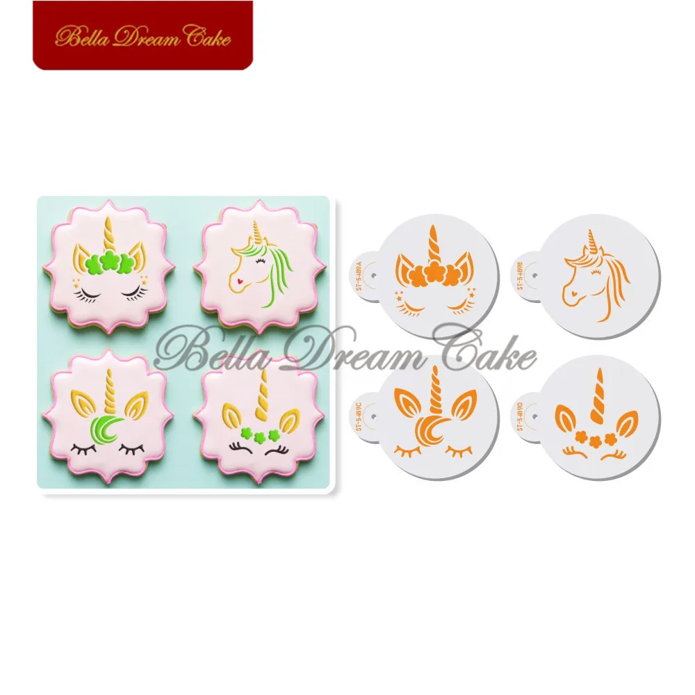 

Free Shipping 4pcs/set Unicorn Cookies Stencil Coffee Stencils Template For Birthday Party Baking Cake Mold Cake Decorating Tool