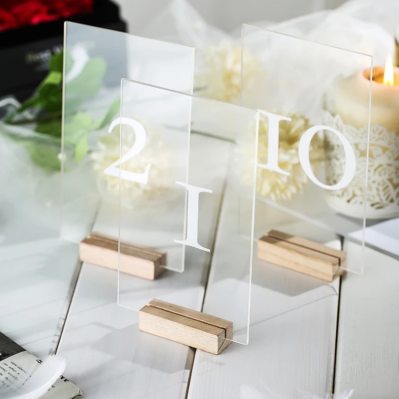 Personalized Acrylic Wedding Table Numbers with Holders Calligraphy Table Number Wedding Signage Clear Wood Number Stand