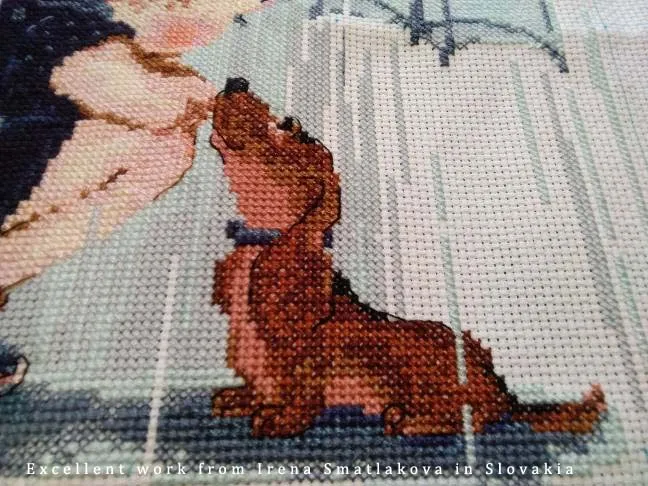 Cross Stitch Kit Girl and Puppy Dog Doggy in Rain Love under the Umbrella 1