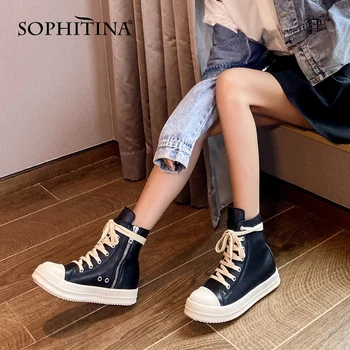 

SOPHITINA Women's Shoes New Fashion Leisure Concise Leather Handmade Ladies Vulcanized Shoes Round Toe Zipper Shoes Women SO608