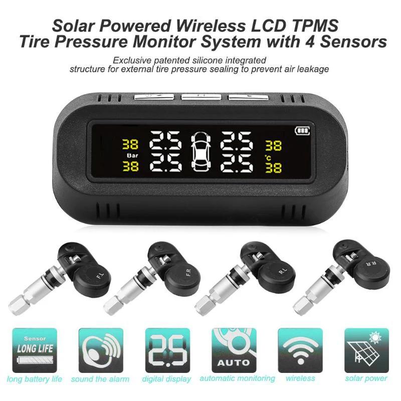 Солнечная автомобильная система контроля давления в шинах TPMS, встроенный датчик температуры в шинах с 4 внутренними датчиками
