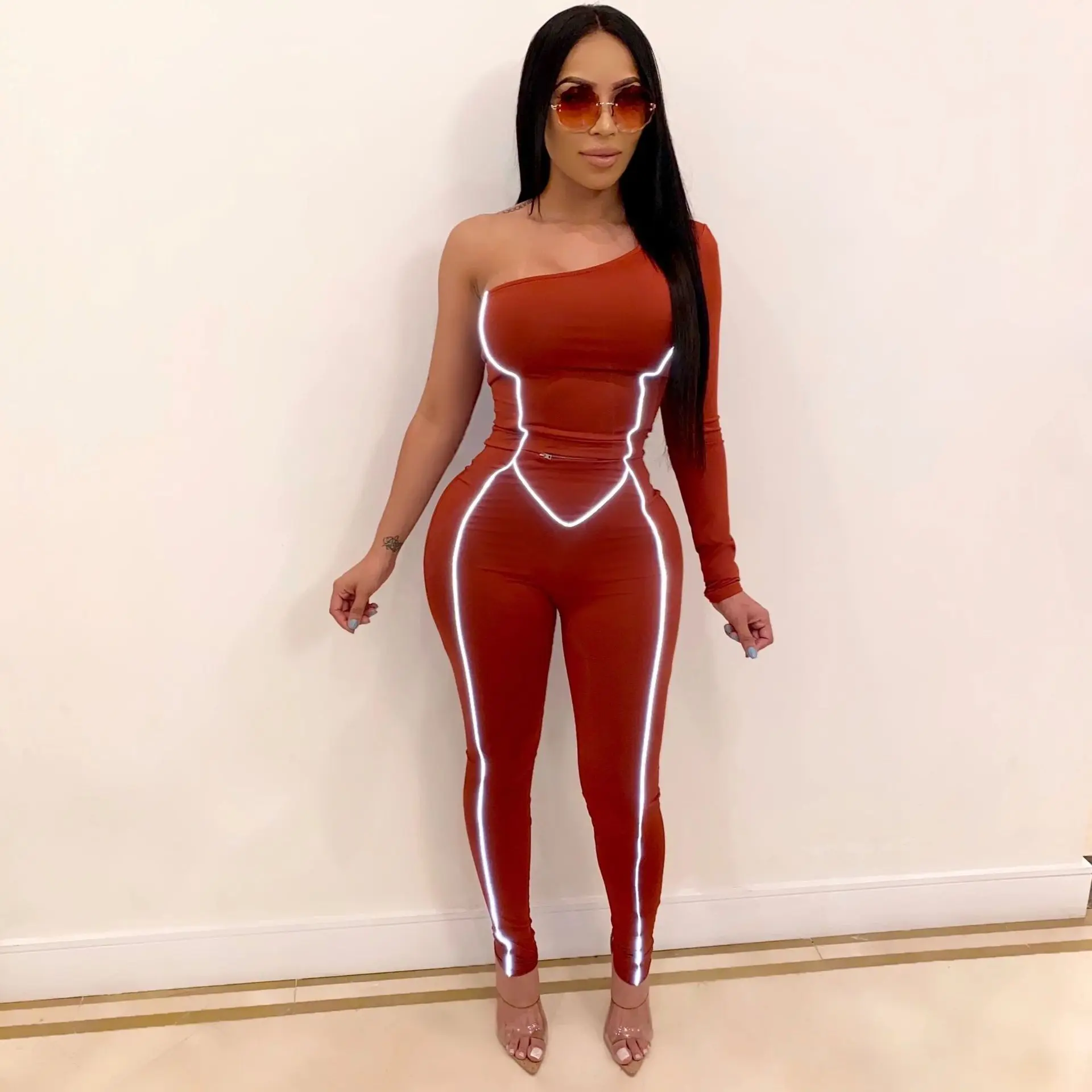 

Reflective Striped Jumpsuit Women One Shoulder Skew Neck Pencil Pants Bodycon Romper Sexy Skinny Night Club Bandage Overalls