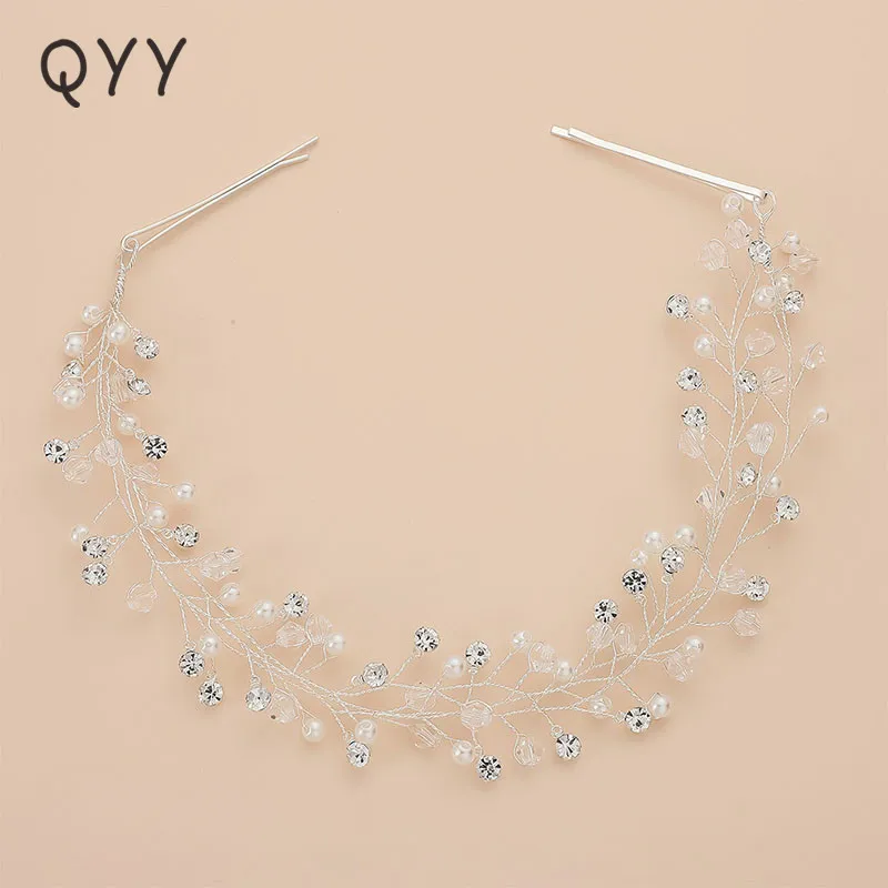 

QYY Fashion Newest Gold Color Pearls Flower Headbands for Women Austrian Crystal Wedding Hair Accessories Hair Vine Headpieces