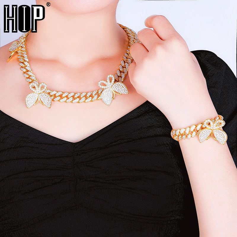 

Hip Hop Iced Out Paved Rhinestones 12MM Gold Full Miami Curb Cuban Chain With Butterfly Choker Necklaces For Men Jewelry