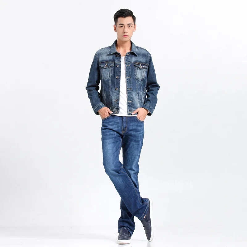 Shoppe Качество Натуральный Хлопок Эластичность Slim Fit джинсы прямого покроя Для мужчин прямые джинсы