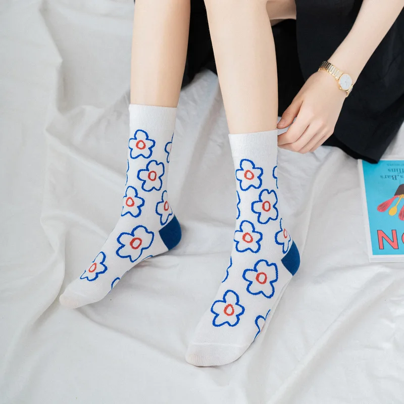 Fashion Women\'S Socks Korea Style Flower Pattern Print Socks Ins Style Short Sock Women Autumn Winter Cute Streetwear Sox Girls