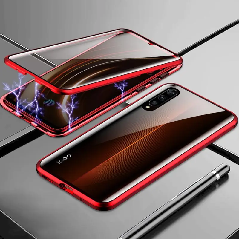 Red Передний+ задний двухсторонний прозрачный чехол из закаленного стекла с магнитной адсорбцией для Vivo iQoo NEO iQoo Pro 5G, металлический бампер - Цвет: Red