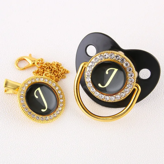 Luxury Black Bling Baby Pacifier And Clip Alphabet Letter M Infant Pacifier Gold Letter Unique 26 Name Initials Baby Shower Gift J