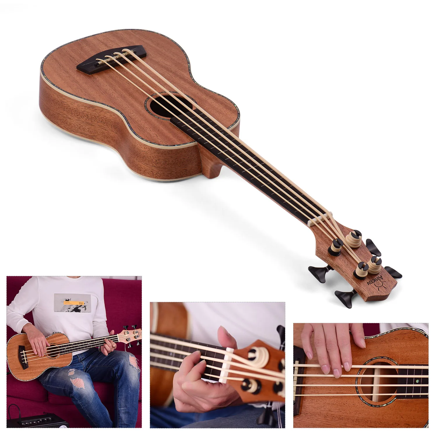 30 дюймов электрический бас укулеле Ukelele Uke Sapele фанерный корпус Padauk гриф резиновые шнурки Встроенный тюнер Эквалайзер с аудио кабелем