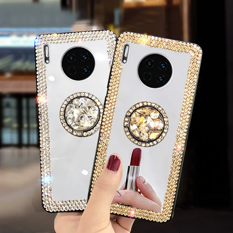 Phone Case For Huawei P30 Pro Mate 30 Real Mirror Glossy Diamond Rhinestones Ring Stand Cover Crystal Wrist Strap Accessories |