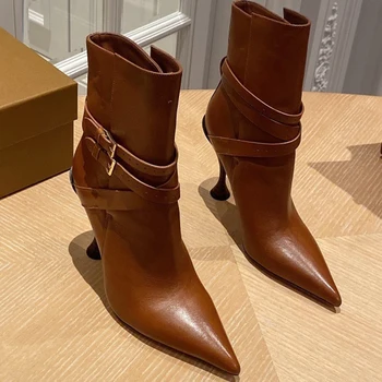 

Leather Women's Boots 2020 Fashion Pointed Toe Elastic Ankle Boots Shoes Autumn and Winter Women's High Heel Ankle Boots