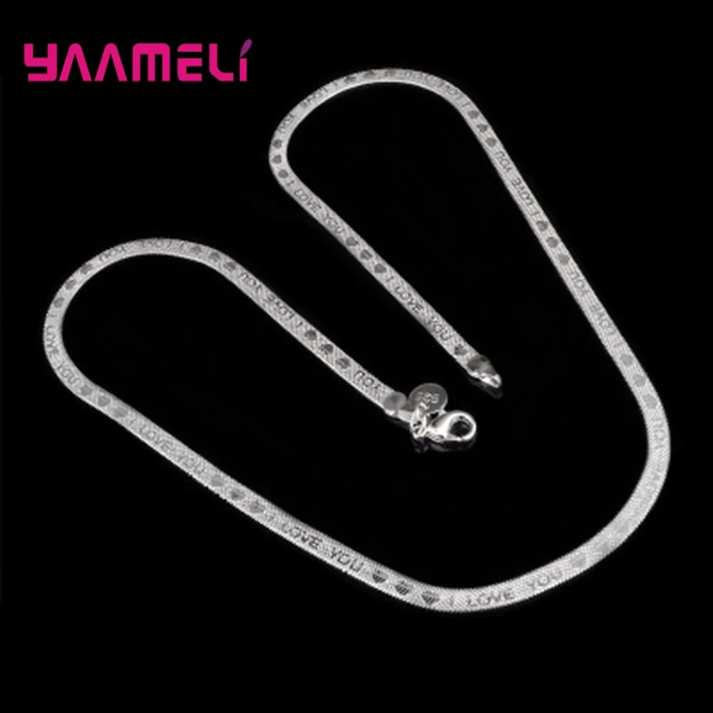 Good Quality Flat Smooth Real 925 Sterling Silver Snake Chain Necklace For Women Romantic I Love You Words Link Genuine Jewelry
