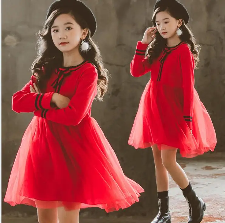 Рождественское платье для больших девочек, Красное вязаное платье-свитер, детское платье принцессы с длинным рукавом, одежда для девочек
