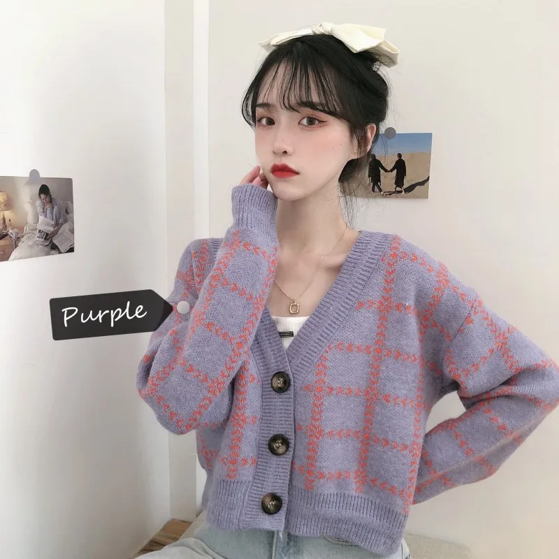 2020 Autumn Sweet And Cute Plaid Sueter Mujer Korean Preppy Style Women Sweaters Vintage V Neck Long Sleeve Female Cardigans |