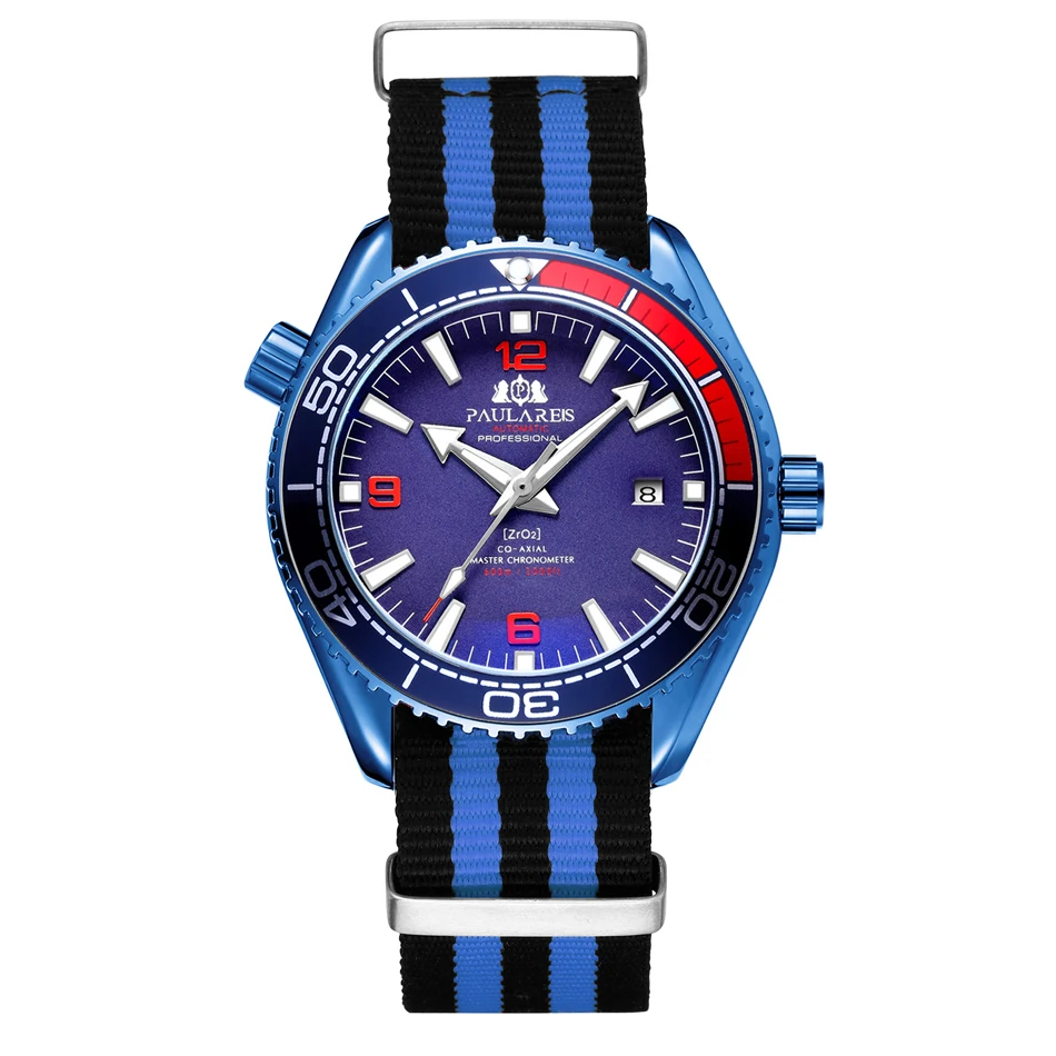 Blue Red Мужские автоматические механические оранжевые, черные, синие, красные, серые брезентовые часы с ремешком James Bond 007 стильные роскошные часы - Цвет: Blue Red