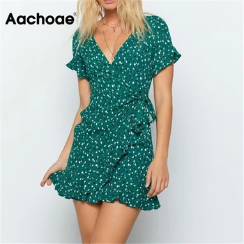

Women Chic A Line Printed Mini Dress 2020 Summer Sexy V Neck Boho Wrap Dress Short Sleeve Ruffles Elegant Beach Dresses