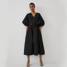 ZA модное повседневное черное платье женское осеннее Трендовое винтажное однотонное длинное платье с пышными рукавами женская осенняя одежда