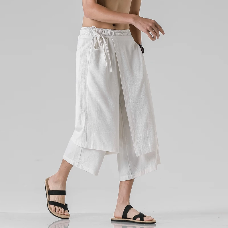 Men Casual Wide Leg Pants Mens Irregular Cotton Linen Harem Pants Male Solid Vintage Skirts Trousers M-5XL