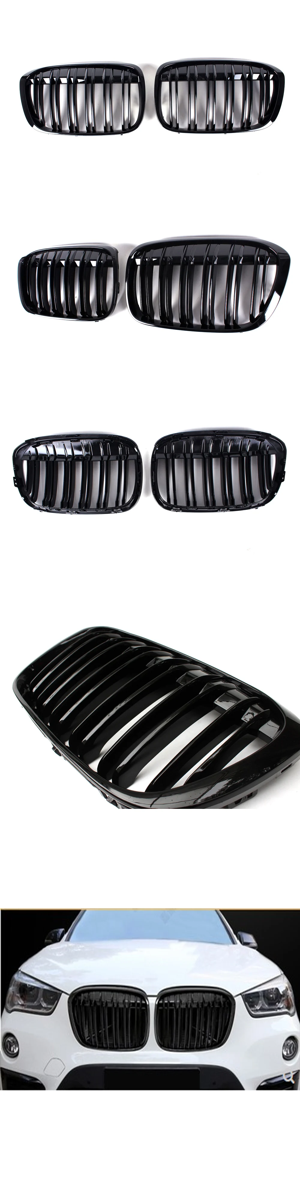 ABS двойная линия передняя решетка радиатора для BMW X1 серии F48-в почек решетки бампер глянцевый черный