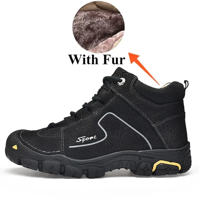 Зимние ботинки из натуральной кожи; Мужская обувь; мужские зимние короткие плюшевые ботинки для взрослых; ботильоны; модная удобная Рабочая обувь; зимняя обувь - Цвет: Fur Black