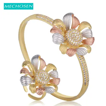

MECHOSEN Difficult Craft Flower Shape Jewelry Sets Bangle Ring 3 tones Brass Cubic Zirconia Celebrity Banquet Hand Accessories