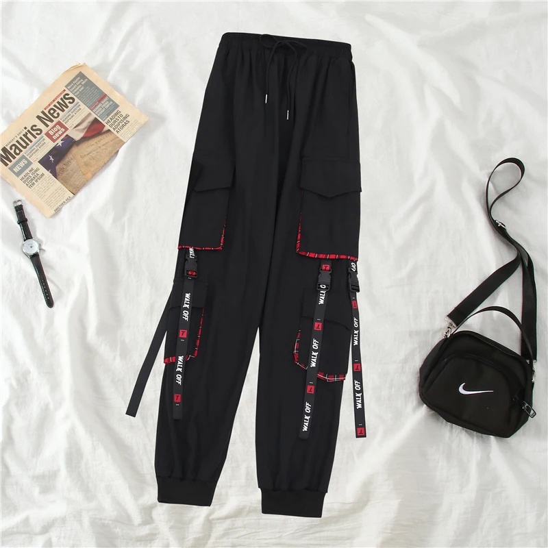 

Women's Cargo Pocket Jogger Elastic Waist High Streetwear Harajuku Pant Punk Ring Chain Females Trousers Jumpsuit Women 616#
