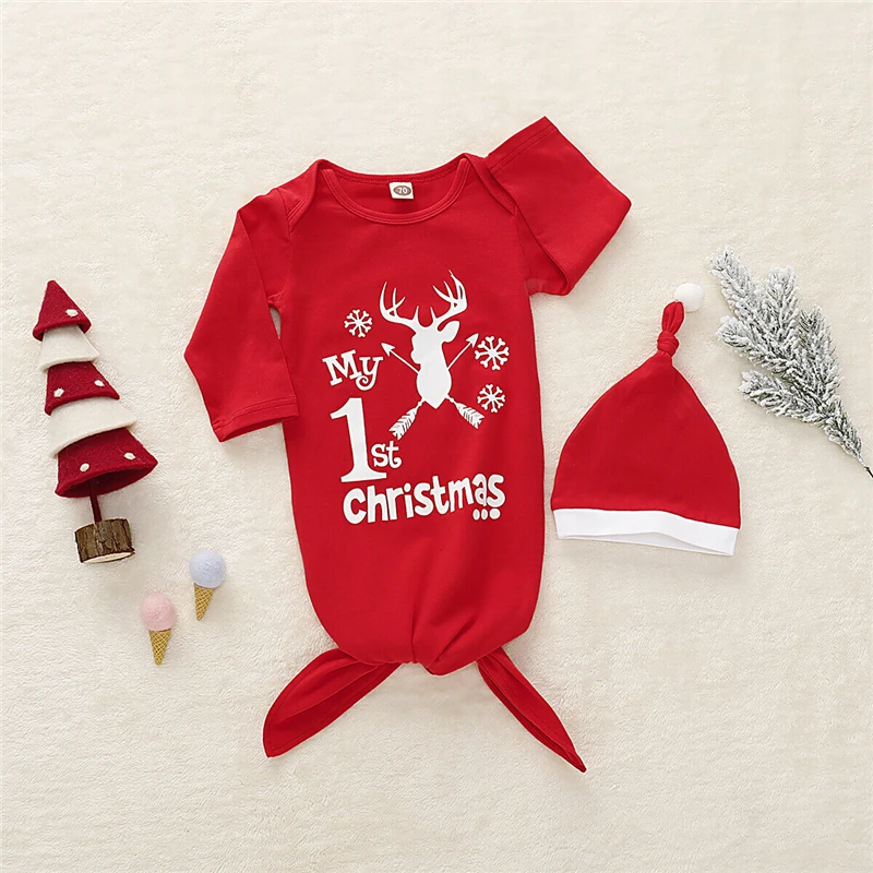 Newborn Baby Cotton Red Xmas Print Gown Swaddle Wrap Knotted Sleepwear Sleeping Bags+ Warm Headband Christmas Red 0-6M