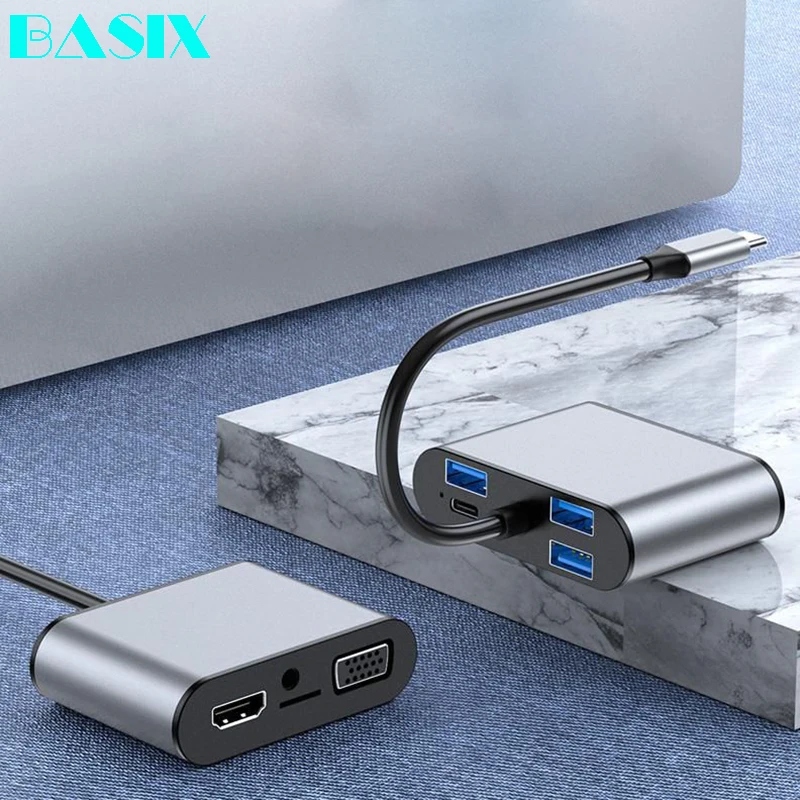 

Basix USB C Hub To Multi USB 3.0 HDMI Vga Adapter Dock Thunderbolt 3 Dock with USB Type-C PD TF 3.5MM Reader Slot for MacBookPro