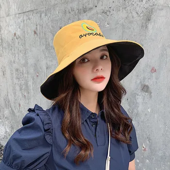 

New Women Sun Hat Avocado Embroidery Fisherman Panama Cap Bob Chapeau Reversible Summer Bucket Hat For Women Outdoor Travel