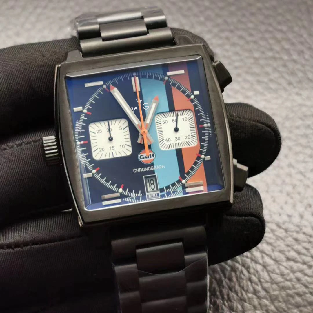 

Luxury Brand New Men Silver Black Case Blue Orange Stainless Steel Chronograph Blue Gulf Racing Sapphire Special Edition Watch