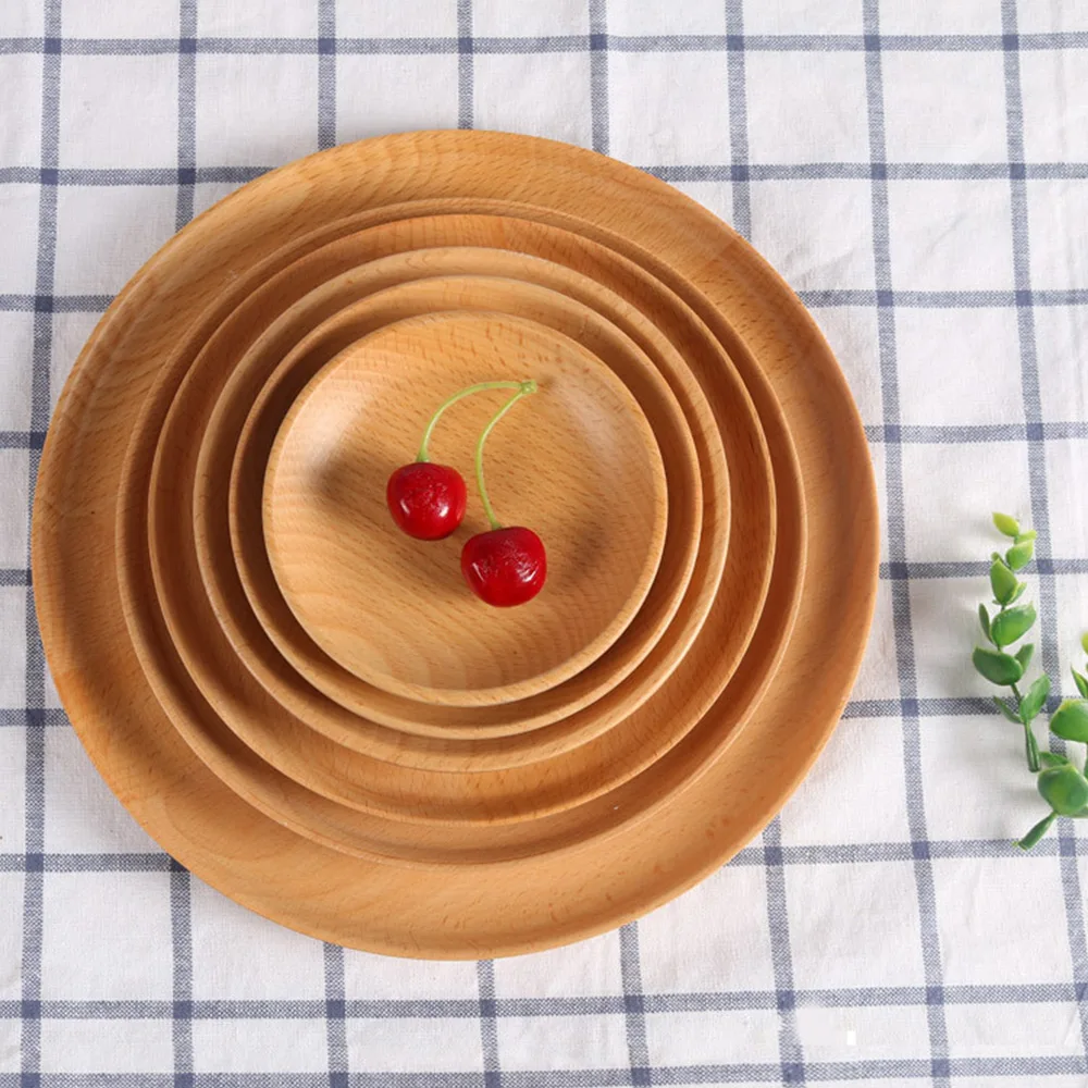 Dinner Plate Beech Wooden Round Dishes Tray Tableware Set Home Decor