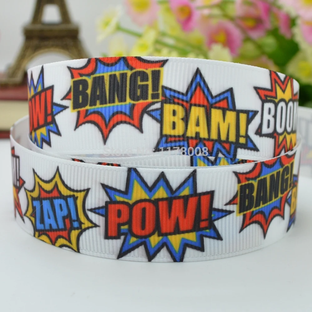 7/8&quot 22mm POW BANG BAM ZAP BOOM Printed grosgrain ribbon hairbow DIY handmade wholesale OEM 50YD |