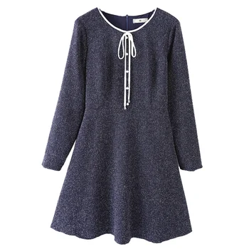 

EC. MS Dress Splicing Round Collar Pearl Slimming Women Plus Size Navy Bottom Dresses