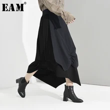 [EAM] высокая эластичная талия черная Асимметричная плиссированная темпераментная юбка средней длины женская модная новинка весна осень JU6730