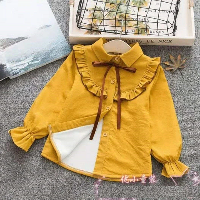 xyellow thick Блузки для девочек; плотные теплые флисовые хлопковые топы для детей; сезон осень-зима; Блузка для девочек; детская весенняя одежда; рубашка для маленьких девочек - Цвет: xyellow thick