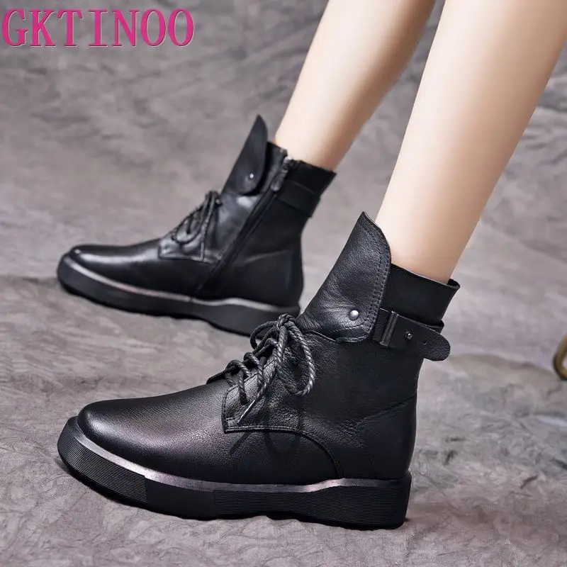 

GKTINOO Genuine Leather Shoes Women Boots 2022 Autumn Winter Fashion Handmade Ankle Boots Warm Soft Casual Flat Shoes Woman