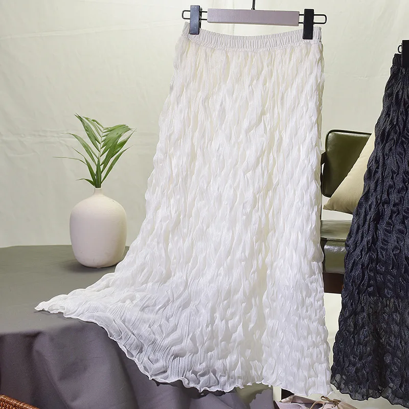 

Summer Vintage Long Skirt Elastic High Waist Pleated Midi Bubble Skirt Faldas Largas Mujer