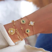 4 шт./компл. модные Браслеты Леди Золотой геометрический драгоценный камень диск цепи Набор браслетов в стиле «Бохо Винтаж ювелирные изделия аксессуары