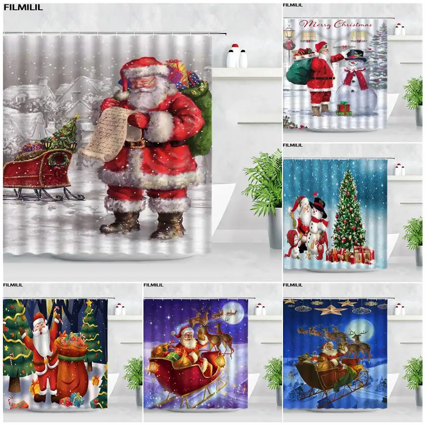 

Рождественская занавеска для душа с Санта-Клаусом в стиле ретро, картина маслом, искусство, Рождественская елка, гирлянда, новогодний декор, искусственная занавеска с крючками