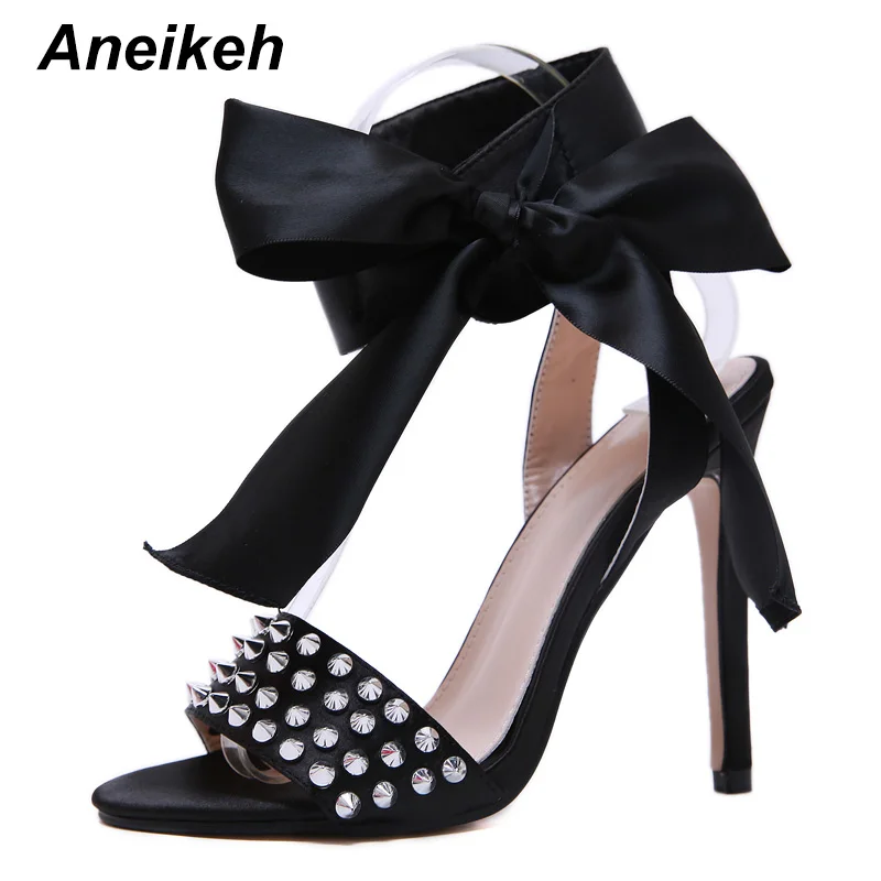 Black Aneikeh/шелковые женские Босоножки на каблуке Туфли-лодочки с перекрестными ремешками и бантиком модельные туфли на очень высоком каблуке 12 см с открытым носком и пряжкой женская обувь - Цвет: Black