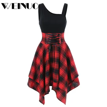 

Women's Dresses 2019Top HotFashion Women Sleeveless Cold Shoulder Cross Lace Up Plaid Print Irregular Dress Robe Femme